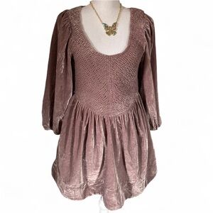 Free People Farrier Mauve Velvet Mini Dress Fit and Flare Balloon Sleeves